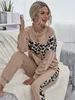 Women's Tracksuits Casual Solid Brown O-Neck Patchwork Leopard Pullover Home Woman's Set1