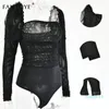 Hot Sale Sexy Black Lace Low Collar Bodysuit Kvinnor Mesh Layered Backless Ruffles Slim Bodycon Tops Femme Eleganta Vintage Overaller