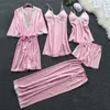5 peças conjuntos de pijama feminino flor impressão pijamas camisola de seda pijamas roupa interior conjunto roupões de cetim feminino7715228