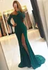 New Customize Long Sleeve Prom Long Elegant Evening Dresses Mermaid Off the Shoulder Split Front Green Lace Prom Dress with Beading