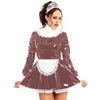 12 Farben Wet Look Lace Splicing Maid Cosplay Kleid Damen Retro Langarm A-Linie Minikleid mit Schürze Neuheit Cosplay Outfit