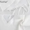 Forefair White V-Wee без спинки с длинным рукавом Ruffles Bandage Женщины Crop Tops Сексуальные кружевные галстуки THE BOW T Футболки 2020 летних вершин