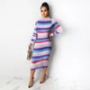 Casual Dresses Women Winter Autumn Dress Stripe Camo Bodycon Long Sleeve Mid Cald One Piece 2021 Arrival