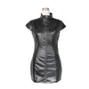 Damer svart pu läder klänning eleganta kvinnor vinyl bodycon mini klänning dragkedja öppen wetlook latex clubwear party klänningar vestidos