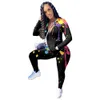 Women Two Piece Paint Printed Tracksuits Long Sleeve Zipper Hoodies and Casual Pants Set