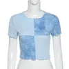 E-Girl Y2K Glitter Tie Dye Patchwork Plaid Crop Tops Sweet O-Neck Ruffles Hem Kortärmad Lila T-shirts Vintage 90s