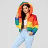 Rainbow Print Warm Puffer Jacket Patchwork Winter Bubble Coat Women Parkas