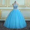 Turquoise Bleu Prom Quinceanera Dresse Halter Top Corset Retour Perlé Perles Paillettes Tulle Robes De Bal Pas Cher Femmes Robe Graduation