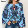 Kobiety Boho Latarnia Z Długim Rękawem Loose V Neck Kwiatowe Koszule Topy Ladies Hippie Tunika Bluzka Koszula Jesień Casual Topy