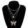 Iced Out Chains Butterfly Necklaces Luxury Gold Women Link Tennis Chain Bling Crystal Rhinestone Animal Lock Pendant Fashion Hip Hop Jewelry