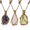 Natural Stone Rope Wrap Necklace Irregular Crystal Quartz Healing Pendant Necklaces Adjustable Women Men Retro Jewelry