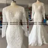 Sexy Real Image New Overskirts Mermaid Wedding Dresses Jewel Neck Lace Appliques Crystal Long Sleeves Detachable Train Bridal Gowns 403