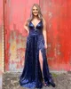 2021 azul Marinha Prom Vestidos Sparkly Sequins Spaghetti Ruched plissados ​​Custom Made Side Slit Pavimento Length Formal Vestido de Noite