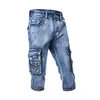 Calça jeans masculinas Moda Mens Cargo Denim Shorts com multi-bolsos em linha reta fita fita casual curto para o tamanho lavado masculino 29-38