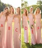 2021新しいピンクの安い長い花嫁介添人のドレスミックスネックラインシフォン夏のレースのプロムのパーティーのメイドの名誉ドレス