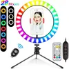 Anel de luz LED colorido regulável com tripé USB Selfie Lights Lâmpada grande RGB Ringlight com suporte TikTok Youtube Live Broadcast 10 polegadas