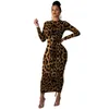 Kvinnor Leopard Print Långärmad O Neck Bodycon Midi Maxi Klänning Kvinna Klubb Nattfest Långa Klänningar Vestidos