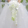 2020 Artificial Pearl Crystal Bridal Bouquets Ivory Waterfall Wedding Bridal Flower Red Brides Handmade Brooch Bouquet De Mariage6287638