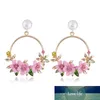 Joyería coreana, pendientes de perlas de cerámica con flor de cristal y corazón de perla de circón para mujer, joyería llamativa para oreja Whole204l