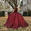Quinceanera 2021 Bury Dresses Jewel requins requins requins Lace Habroidery Tulle Plagown Prom Prom Salial Evening Walk