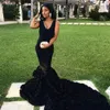 Nowy Czarny Sexy Prom Dresses Mermaid Lace Aplikacje Satin Afryki Długi Illusion Style Prom Suknia Suknie Wieczorowe Robe de Soiree