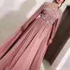 Nowe Różowe Muzułmańskie Suknie Wieczorowe A-Line Illusion High Neck Crystal Szyfon Islamski Dubaj Kaftan Saudyjska Arabska Długa Suknia Wieczorowa