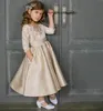 Şampanya Saten Çiçek Kız Elbise İçin Düğün Dantel Illusion Yarım Kollu Tekne Yaka Çocuk Parti Abiye Küçük Kızlar Ucuz Prenses