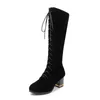 Plus size 34-43 coxa alta botas branco mulheres vintage couro quadrado salto alto zíper joelho altura de altura lace-up boot manter sapatos quentes