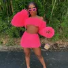 BKLD Women Plush 2 Two Piece Set Off Shoulder Long Sleeve Crop Tops And Bodycon Mini Skirt Sexy Party Club Wear Matching Outfits
