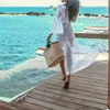 Sarongs 2021 Sexy White Crochet Bikini Covers-Up Beach Coat Swimsuit Cover-Ups Long Beachwear Knitted Cover Up Pareo Dress