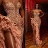 Nowy ASO Ebi Szampan Blush Mermaid Prom Dresses 2020 Sparkly Zroszony Ruffles High Slit Sweetheart Arabski Suknia Wieczorowa Suknia