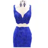 Royal Blue Prom Vestidos Two Pieces Lace Beads V-neck Cap Sleeve sereia Vestidos de Noite Vestuário formal da graduação vestidos de festa vestido longo