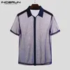 Camicie casual da uomo Camicia a rete da uomo Manica corta Risvolto Tinta unita Trasparente Chic Party Stage Performance 2021 Camisas Hombre INCERUN1