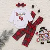 Julflickor Kläder Set Långärmade bokstäver Skriv ut Romper Top + Sequins Bow Plaid Suspenderbyxor + Headband 3pcs / Set för Xmas M2841