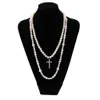 Cross pendant Double pearl necklace Set,hiphop fashion neckalces,8-10mm Mix pearl cross pendant necklace NNS1315