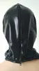 Venta caliente de Lycra Spandex Disfraces Zentai metálico brillante negro de Cosplay del partido de Halloween máscara de ojos capó abierto agujeros