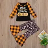 Traje de Halloween para niños, conjunto de 2 piezas a cuadros de calabaza naranja, camiseta de manga larga + pantalones acampanados de moda, traje de bebé infantil para niños pequeños D9402