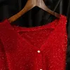 Neue herbst mode frauen schlanke taille rot farbe lurex shinny bling gestrickte pullover strickjacke tops