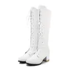 Plus size 34-43 coxa alta botas branco mulheres vintage couro quadrado salto alto zíper joelho altura de altura lace-up boot manter sapatos quentes