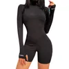 Women Outfit Embroidery Lucky Label Slim Jumpsuits Zipper High Neck Bodycon Jumpsuit Romper Casual Shorts Sporty Fitness