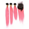 Brasilianskt hår 1B Rosa Cuticle Airticed Hair Extension Silky Straight Wave Ombre buntar med 4 * 4 stängning