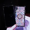 Blue Ray Square Cases for iPhone 11 pro max 12 13 Samsung S21 S22 Silicone with Diamond Rhinestone Ring Stand Holder Flower Rivet Box Phone Case Cover Dreamcatchers