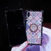 Blue Ray Square Cases for iPhone 11 pro max 12 13 Samsung S21 S22 Silicone with Diamond Strass Ring Stand Holder Flower Rivet Box Phone Case Cover Dreamcatchers