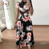 Venda Quente Mulheres Verão Maxi Vestido 2019 Casual Manga Curta Boho Floral Imprimir Vestido Longo Turtleneck Bandagem Elegante Party Vestidos