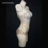 Body transparente de malla brillante con diamantes de imitación y perlas, tocado blanco para mujer, traje de espectáculo de Bar de bailarina, conjunto de traje de fiesta de cumpleaños