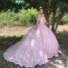 2021 Cold Shoulder Halter Quinceanera Dress Tanie Prom Dresses Różowy Koronki Kwiatowy Aplikacja Zroszony Juliet Krótki Rękaw Gorset Powrót Słodki 15 GJ