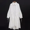 Women Dress Long Sleeve Spring Autumn Vintage Designer Collar Lapel Button Up Ruched Ruffles Loose White Dress Female Clothes 200928