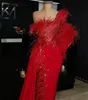 2020 arabe rouge sirène robes De bal une épaule plume perles côté fendu formelle robes De soirée Robe De soirée fermeture éclair dos