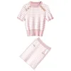 New Summer girocollo pied de poule plaid pullover top e minigonna a matita 2 pezzi set lavorato a maglia set maglione con bottoni dorati da donna