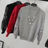 Automne Nouveau pull de grandes filles en dentelle brodée Princesse Priving Femme Femme Gauze Puffle Sweater tricoté